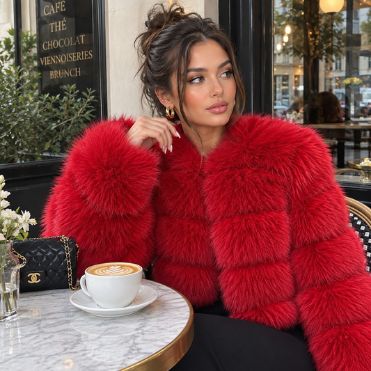 Women's Premium Red Faux Fur Jacket | 5 Row Faux Fur Coat