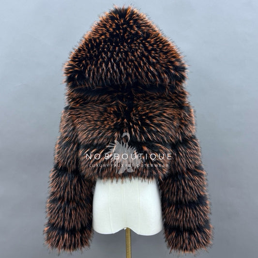 Raccoon Cropped Hooded Faux Fur Jacket