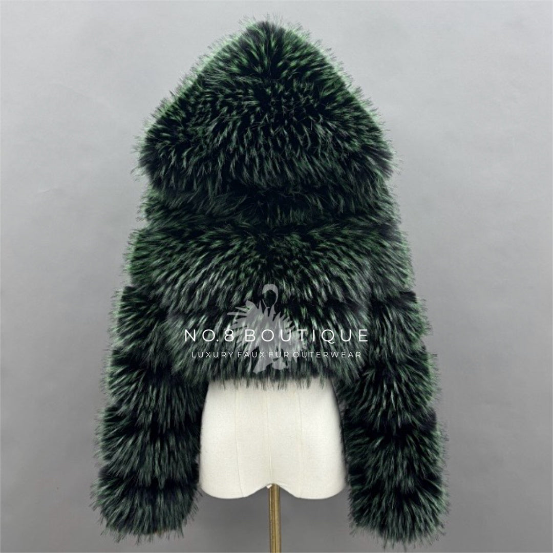 Raccoon Cropped Hooded Faux Fur Jacket