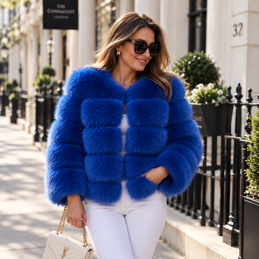 Women's sapphire blue faux fur jacket front view