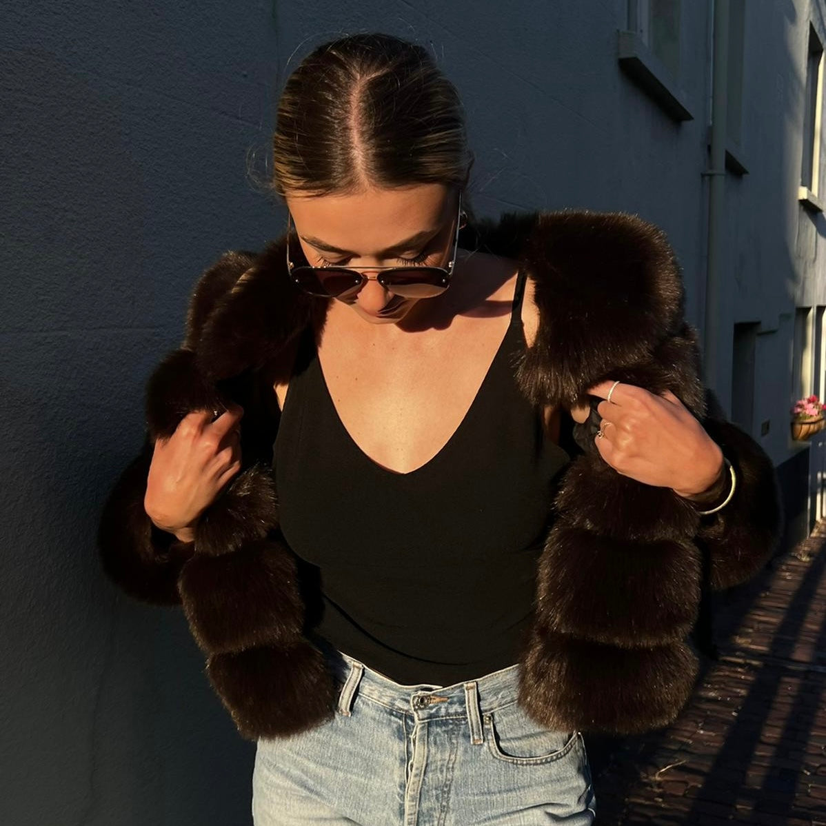 Women's Coffee Brown Faux Fur Jacket | 5 Row Faux Fur Coat