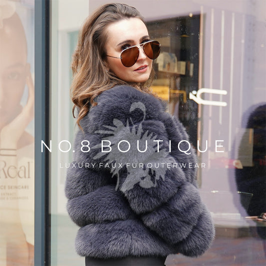 Charcoal grey faux fur jacket with 5 rows