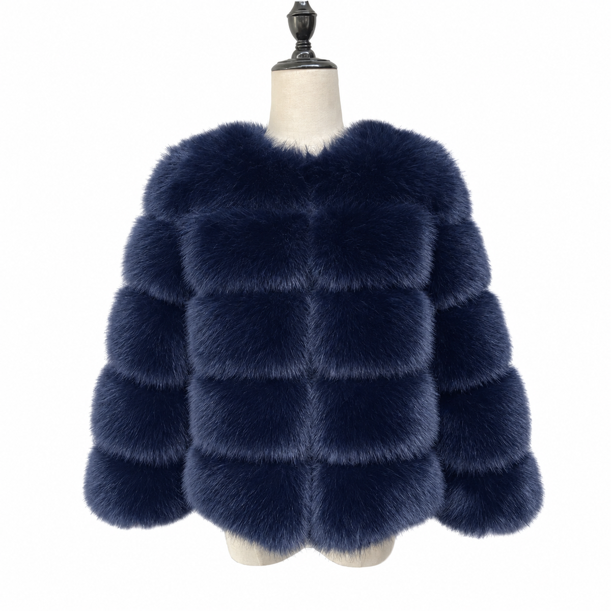 Women's Navy Faux Fur Jacket | 5 Row Faux Fur Coat
