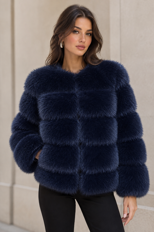 Women's Navy Faux Fur Jacket | 5 Row Faux Fur Coat