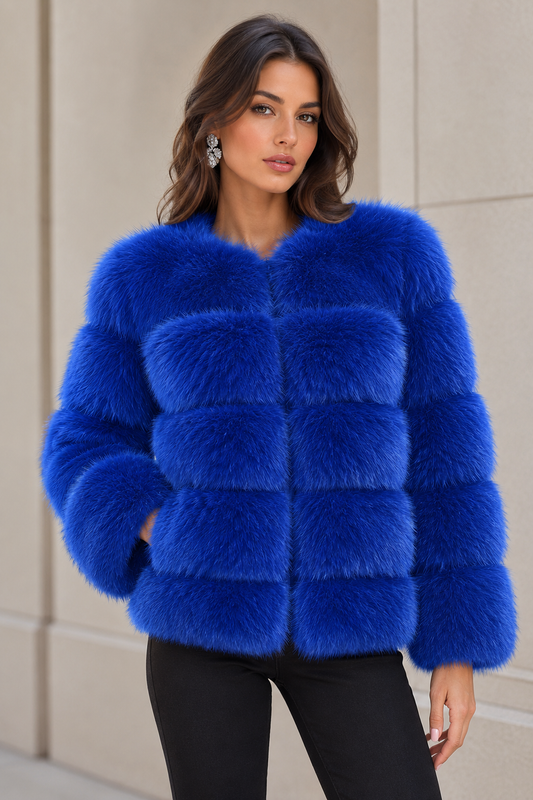 Classic 5 Row Sapphire Blue Faux Fur Jacket