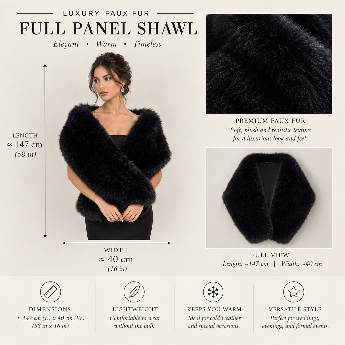 Premium Full Panel Faux Fur Bridal Wedding Stole