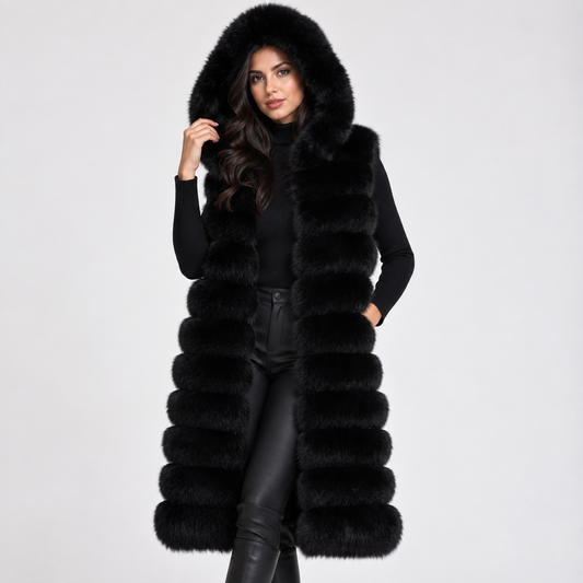 Hooded Long 11 Row Faux Fur Gilet