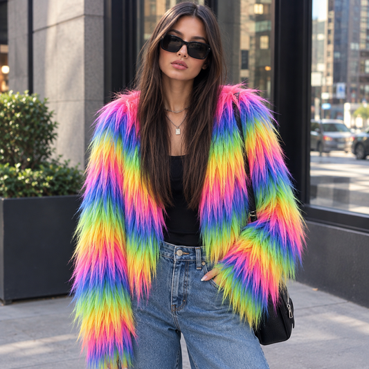 Rainbow Cropped Shaggy Faux Fur Jacket