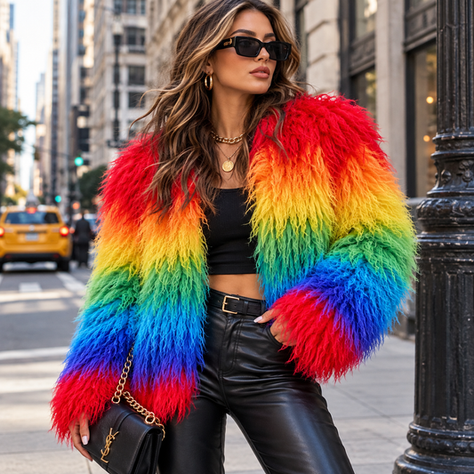 Rainbow Shaggy Mongolian Faux Fur Jacket