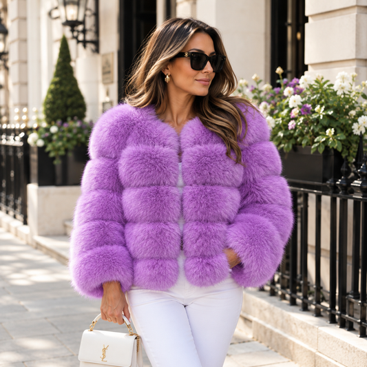 Women's Violet Purple Faux Fur Jacket | 5 Row Faux Fur Coat