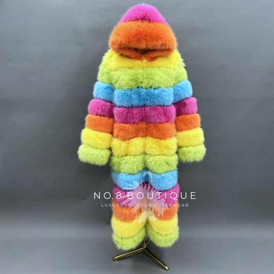 Premium Rainbow Hooded 12 Row Faux Fur Coat