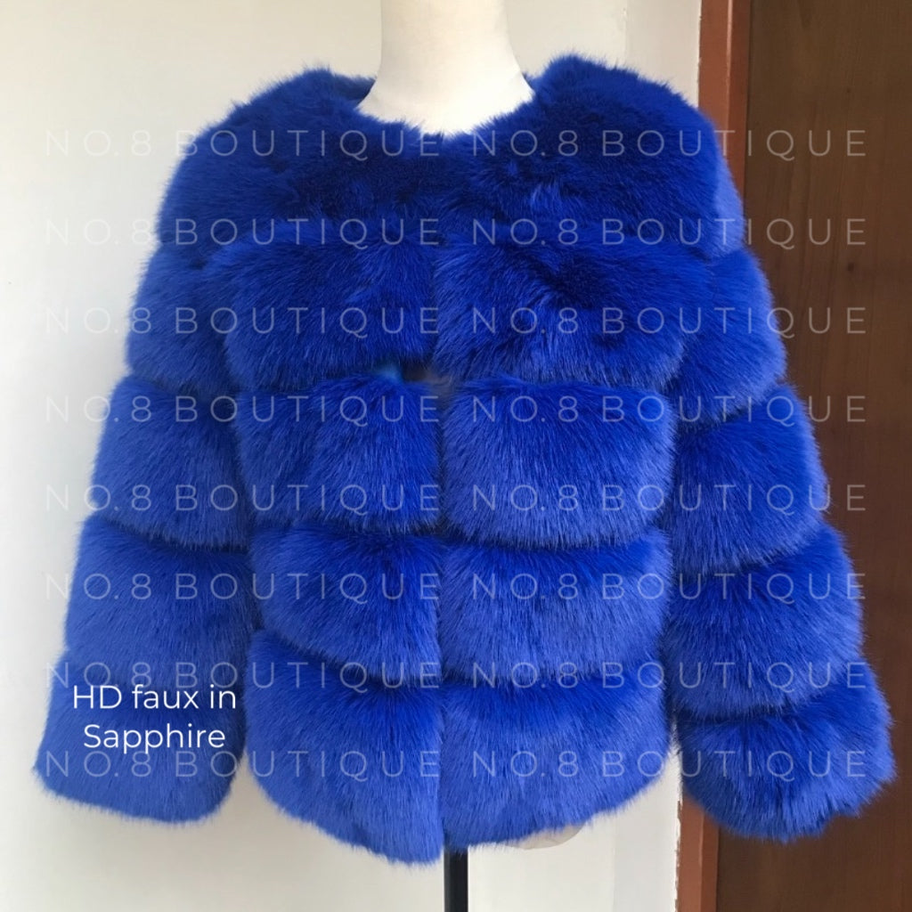 Bold classic sapphire blue faux fur jacket with five lush rows