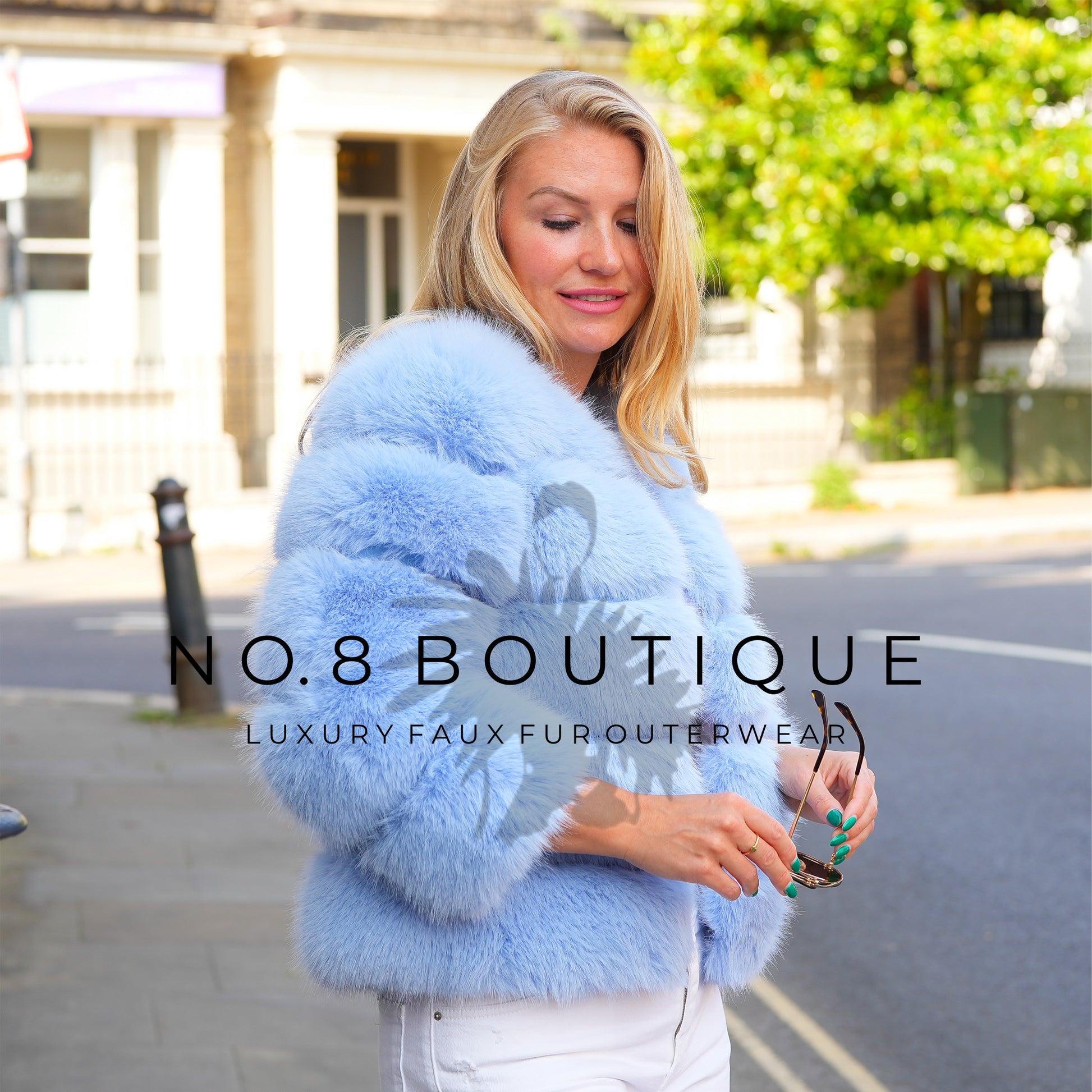 Casual baby blue faux fur jacket with classic rows