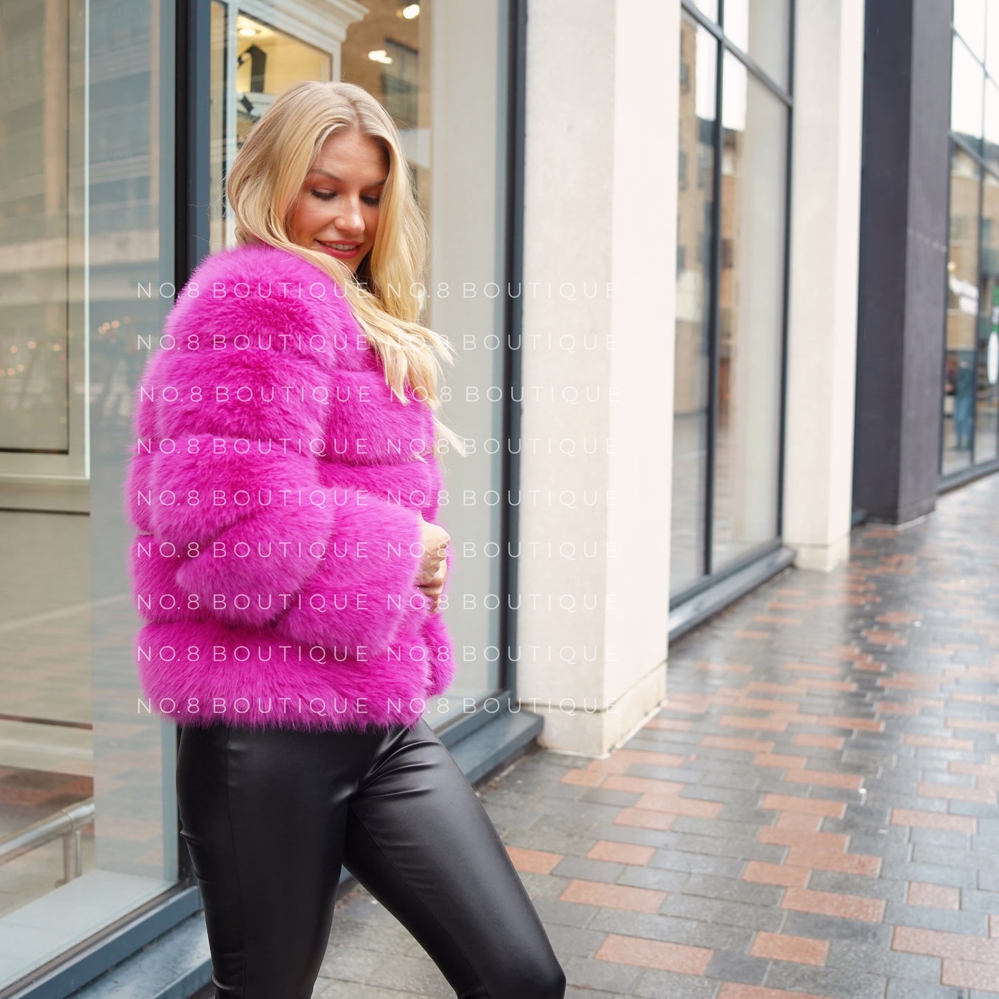 Chic classic faux fur jacket in striking magenta pink with 5 rows