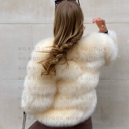 Chic cream faux fur jacket with classic 5 row design