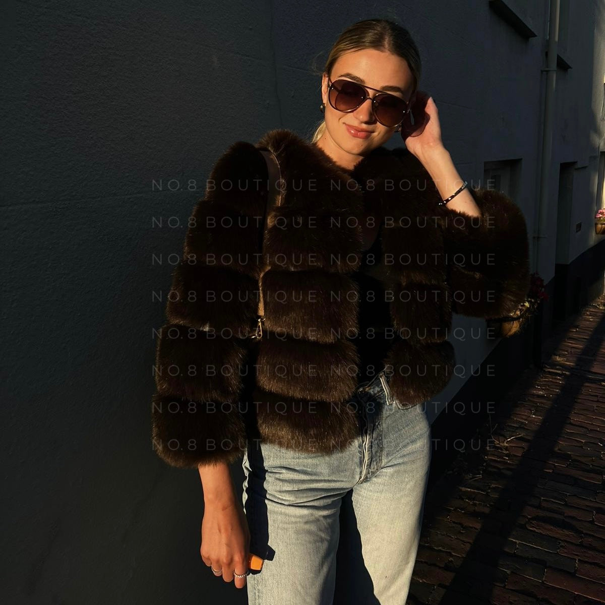 coffee brown faux fur jacket with classic 5 row styling