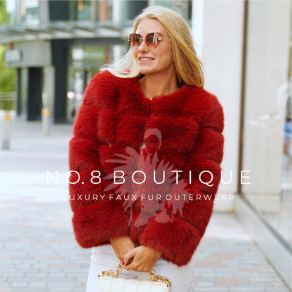 Contemporary wine red faux fur jacket with five plush rows