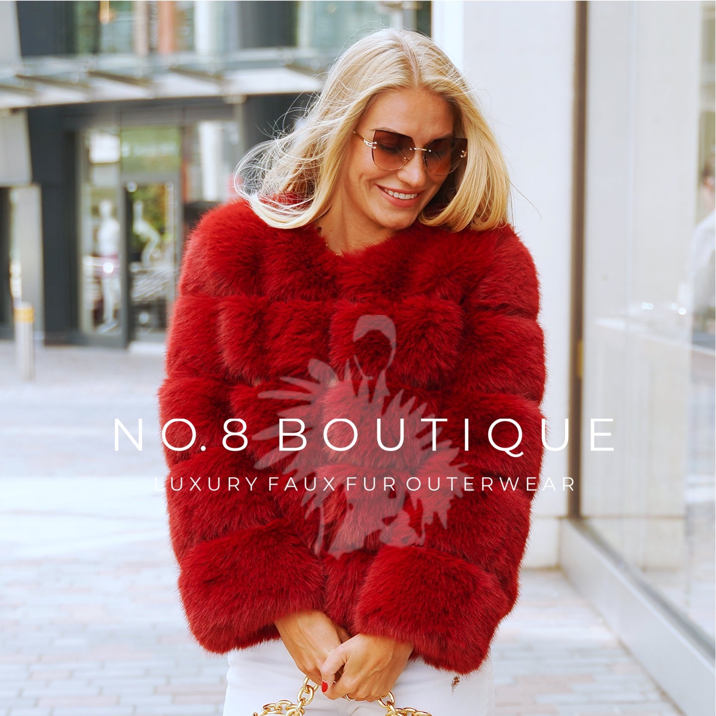 Designer wine red faux fur jacket with structured five rows for elegance