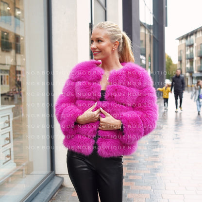 Elegant magenta pink faux fur jacket with classic 5 row design