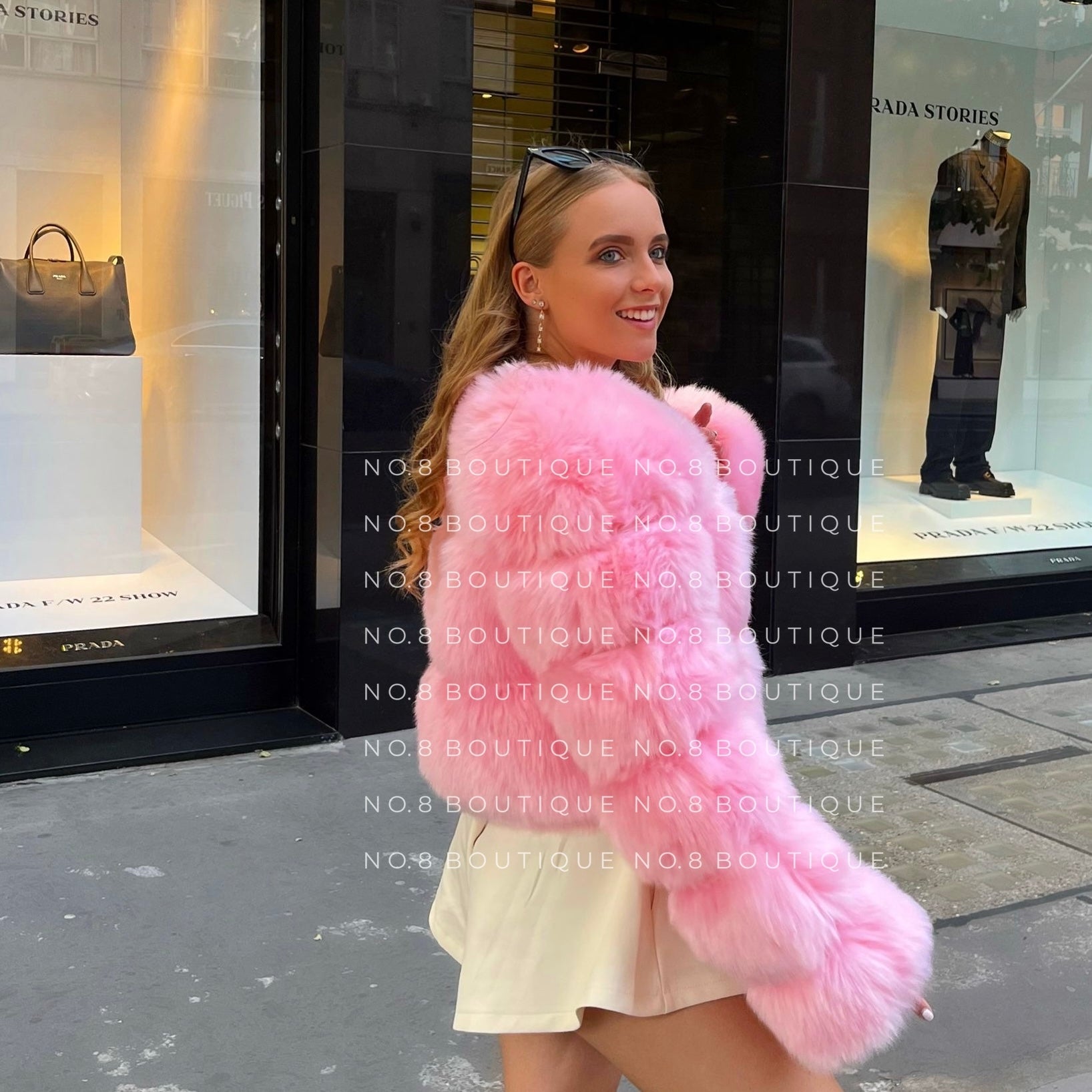 Fashion-forward cropped pink faux fur jacket