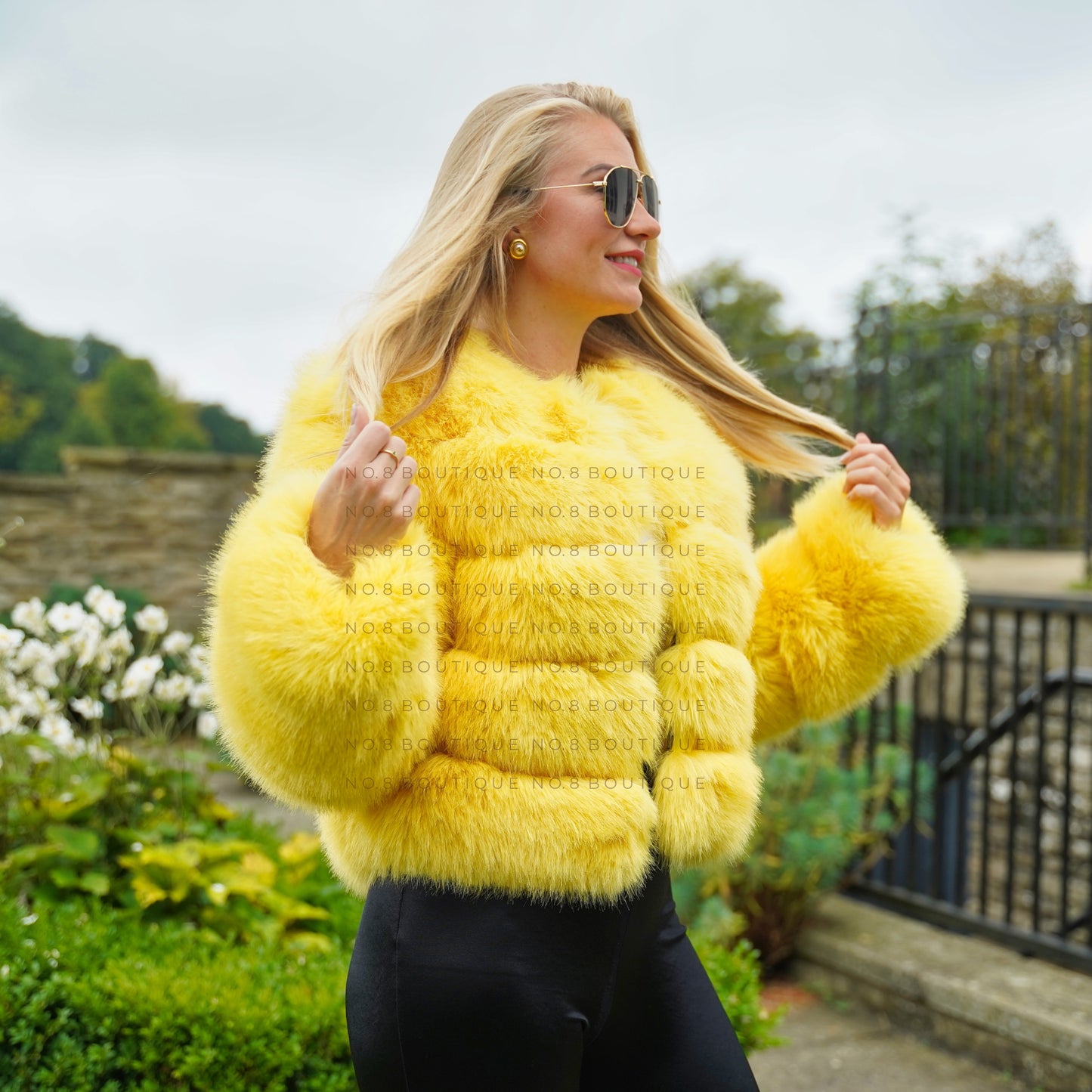 Fashion-forward yellow faux fur jacket