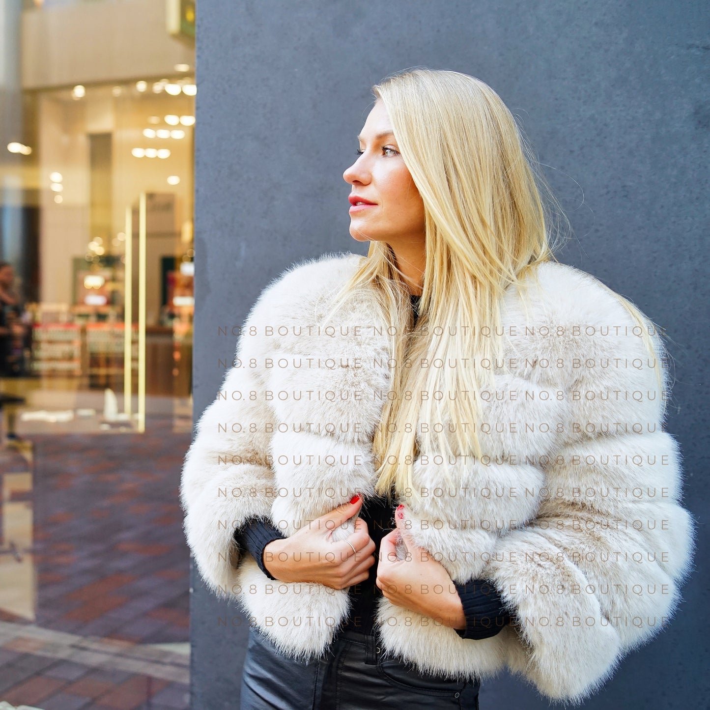 Fashionable beige faux fur jacket with 5 rows