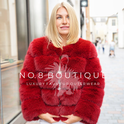 High fashion wine red faux fur jacket with five horizontal rows