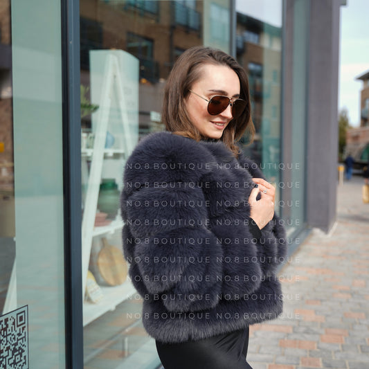 Charcoal Grey Faux Fur Classic 5 Row Jacket