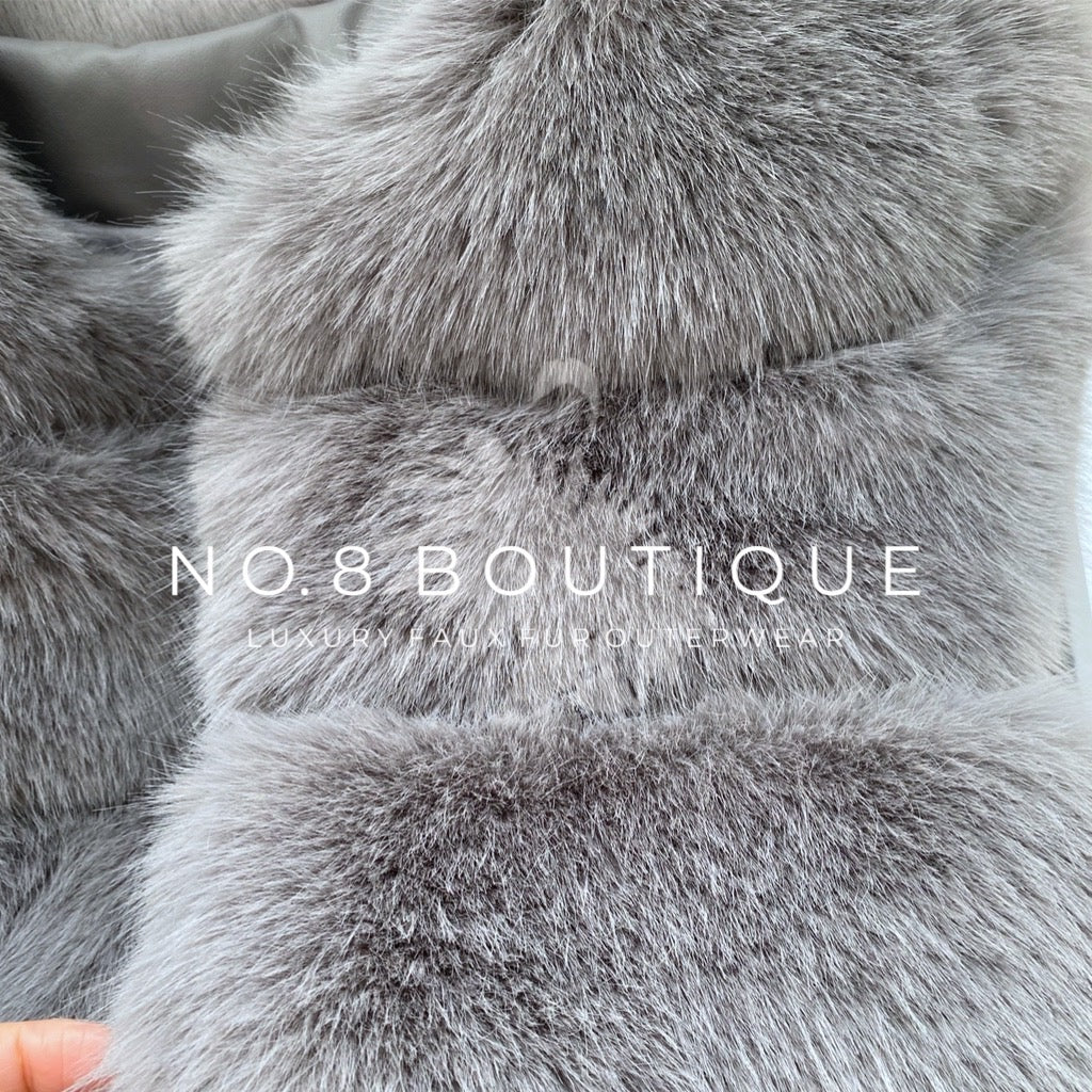 Luxurious light grey faux fur jacket with classic 5 row design