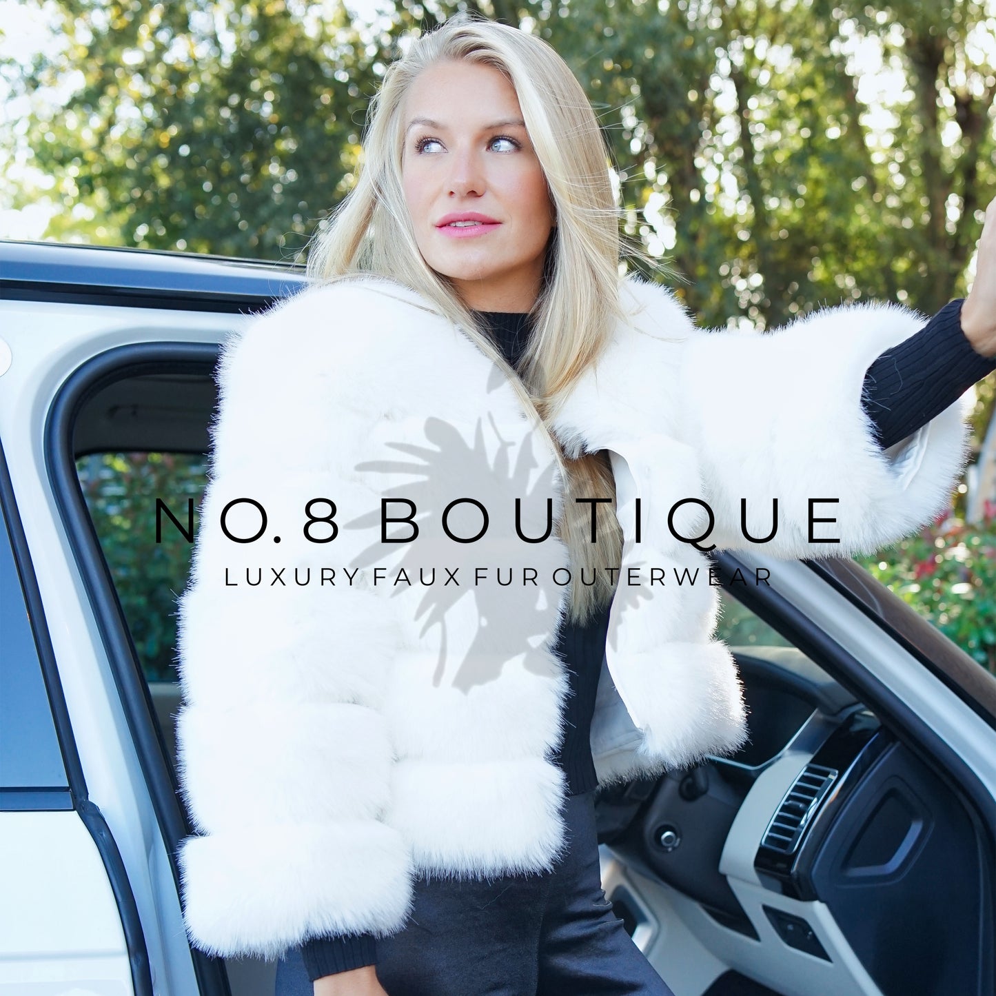 Luxurious white faux fur jacket with classic 5 row design