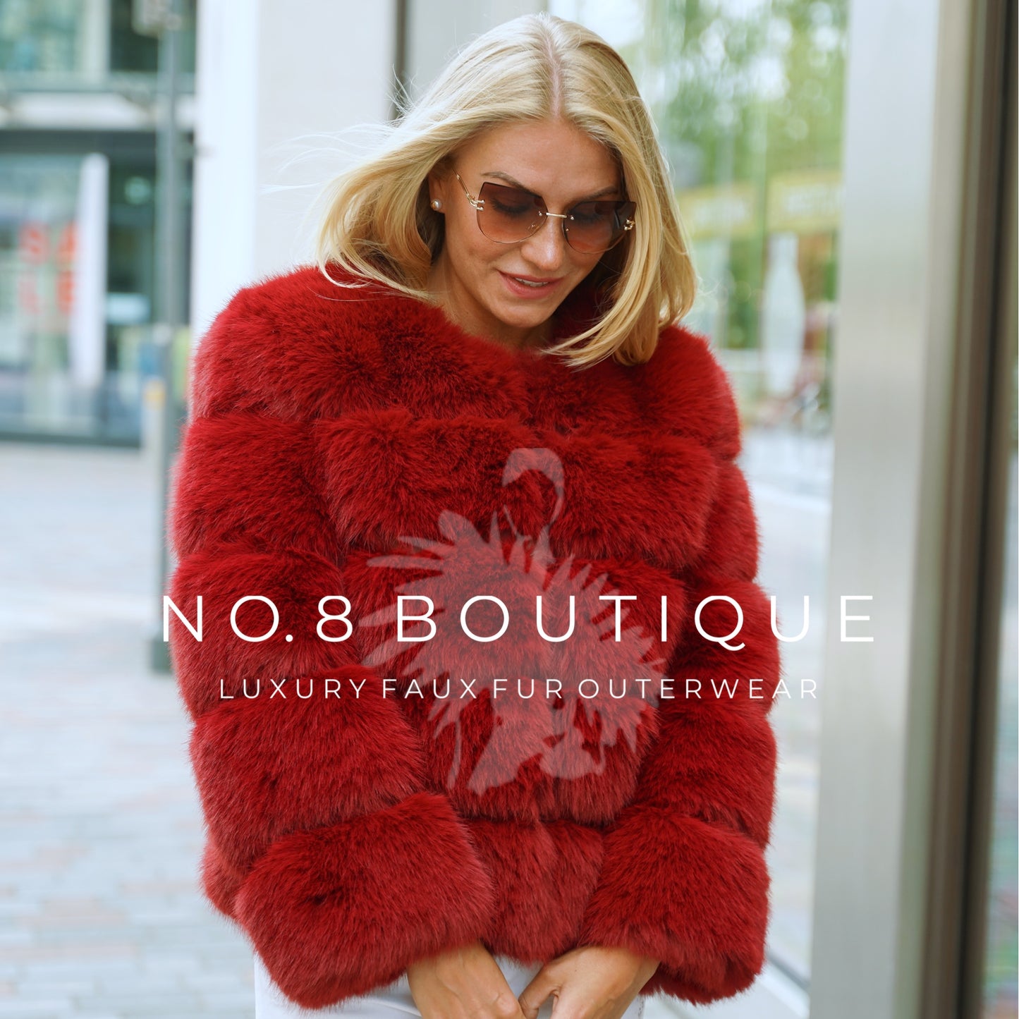 Modern wine red faux fur jacket with a minimalist 5 row design