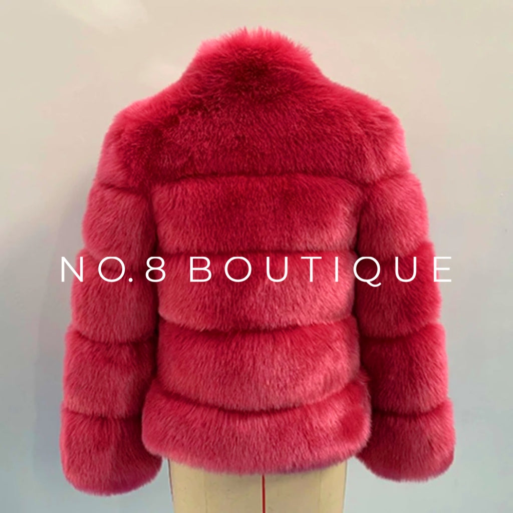 pink chelsea faux fur coat with collar