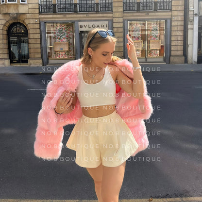 pink faux fur cropped jacket with 3 row styling