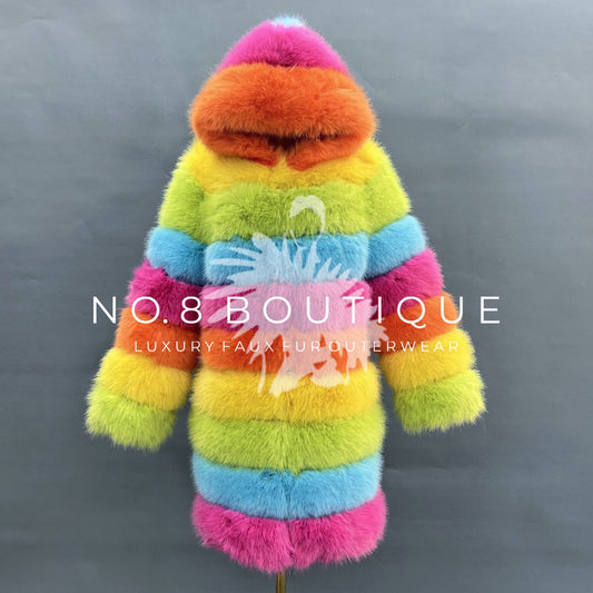 Premium rainbow hooded 9 row faux fur coat