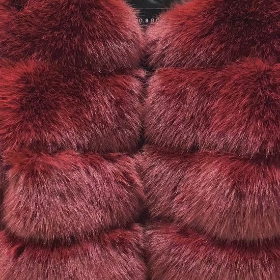 Luxurious wine red faux fur jacket with classic 5 row design