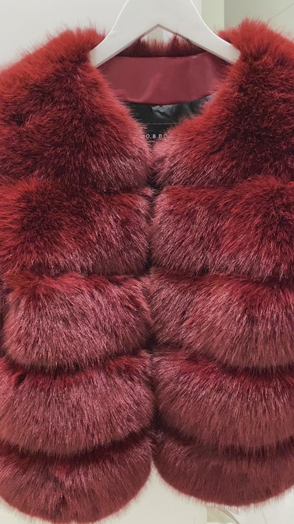 Luxurious wine red faux fur jacket with classic 5 row design