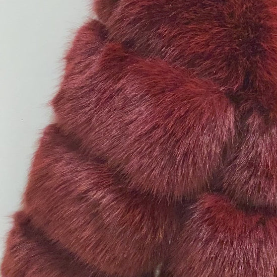 Elegant wine red faux fur jacket with five horizontal rows