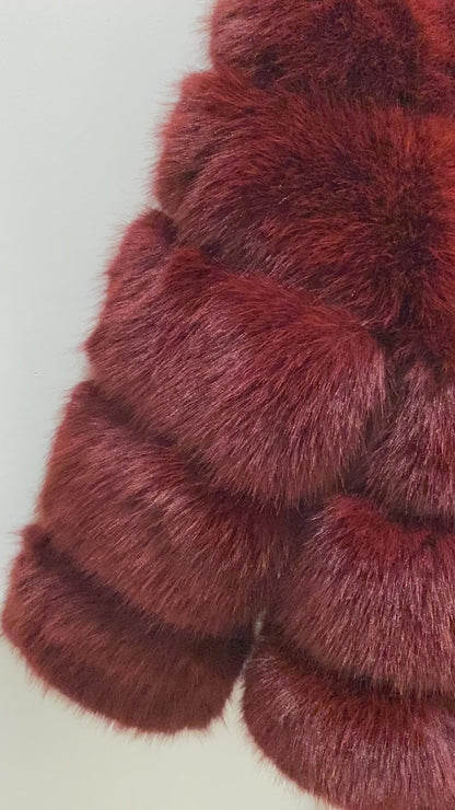 Elegant wine red faux fur jacket with five horizontal rows