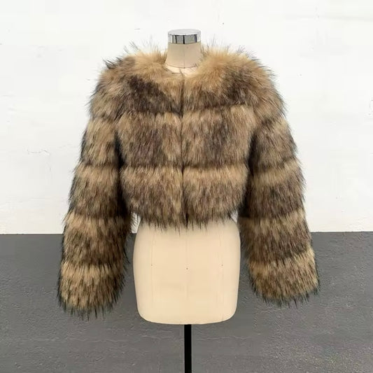 Raccoon cropped 3 row faux fur jacket