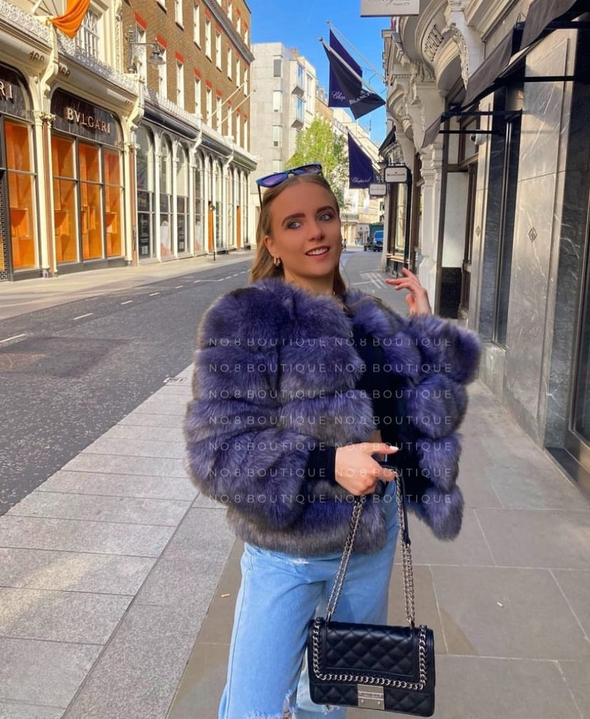 Sophisticated blue grey faux fur jacket with five horizontal rows