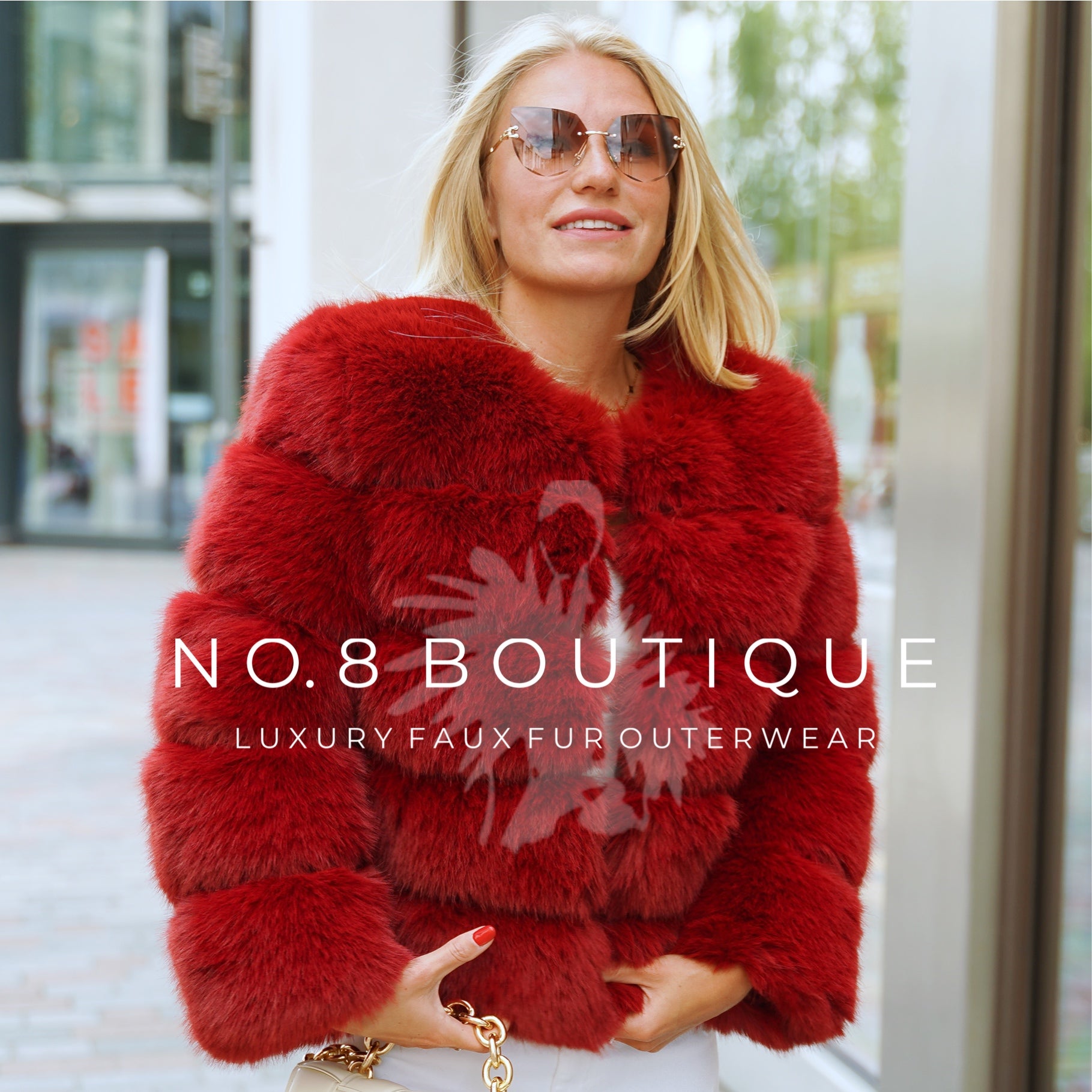 Sophisticated wine red faux fur jacket with elegant 5 row layout