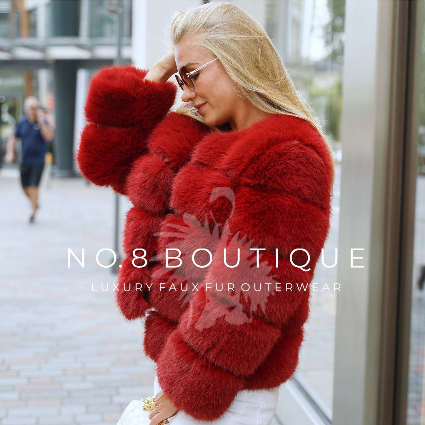 Stylish wine red jacket in faux fur with five elegant rows