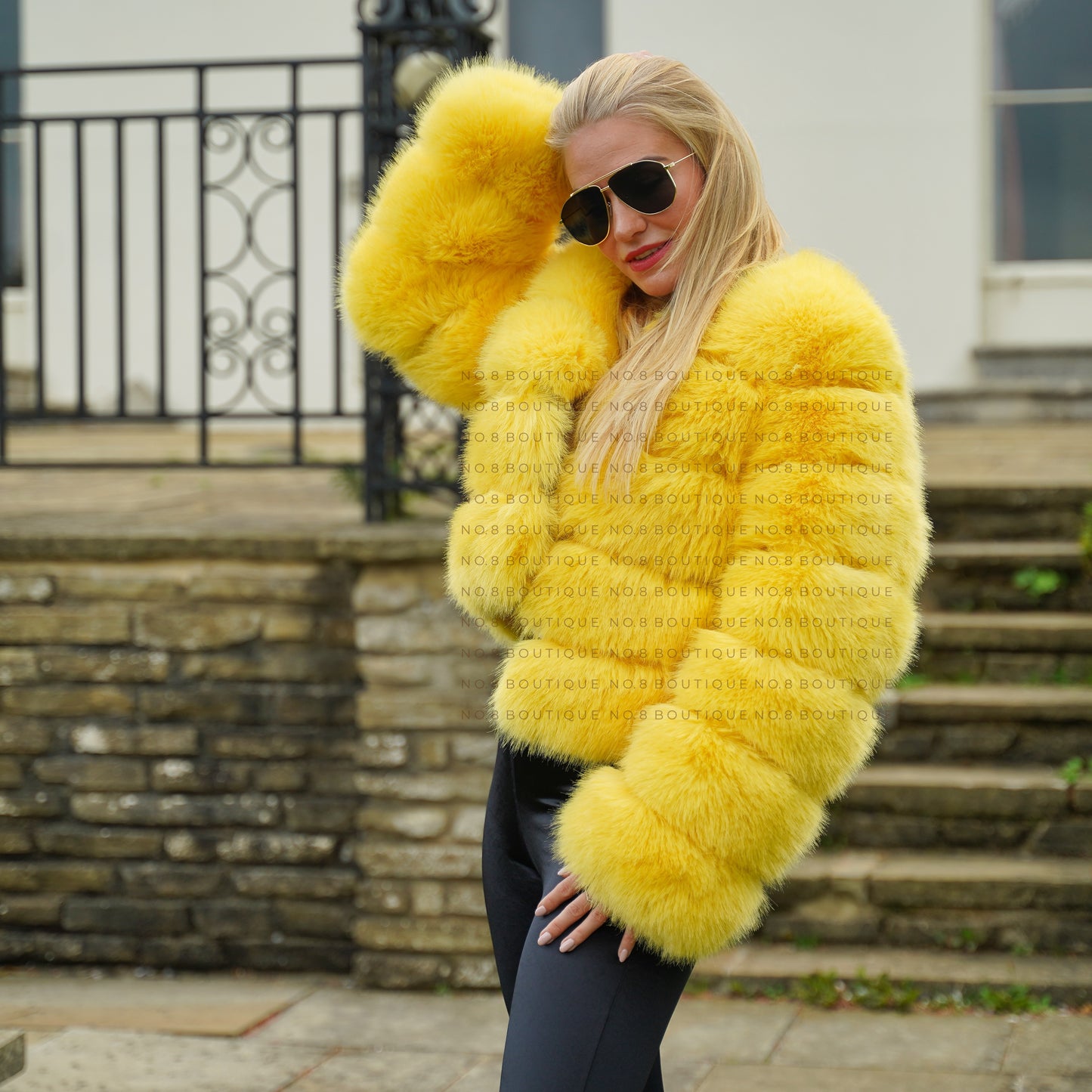 Stylish yellow faux fur jacket with a cozy feel