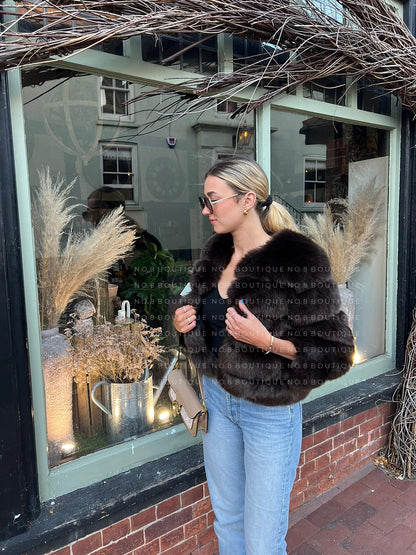 Trendy coffee brown faux fur jacket with five structured rows