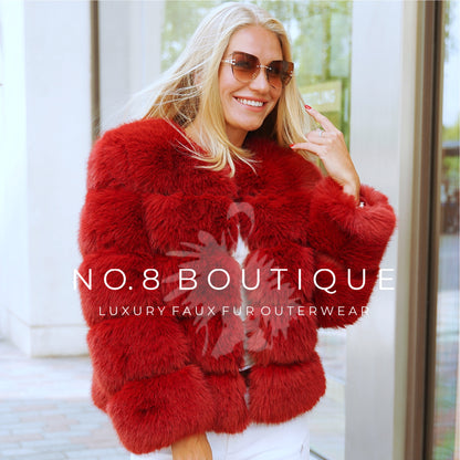 Trendy wine red faux fur jacket with quintuple rows