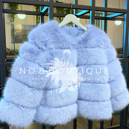 Winter chic baby blue faux fur 5 row jacket