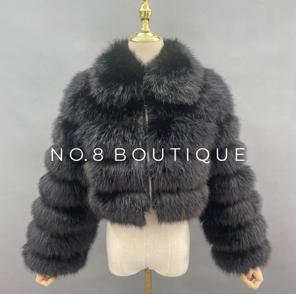 Winter chic bridal faux fur jacket with cropped collar