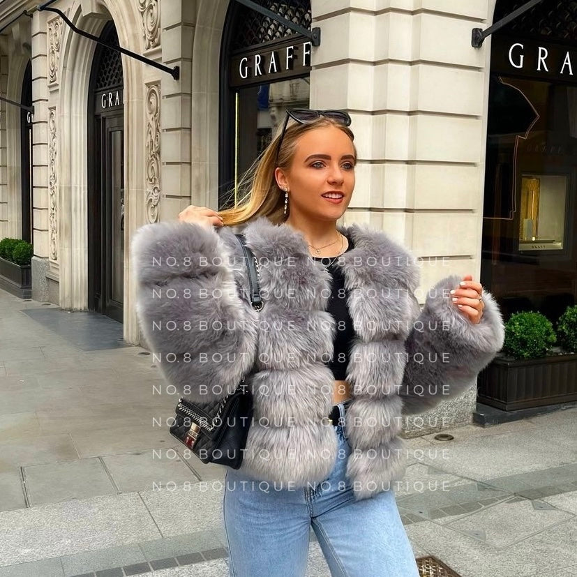 Winter chic light grey faux fur jacket with classic 5 rows