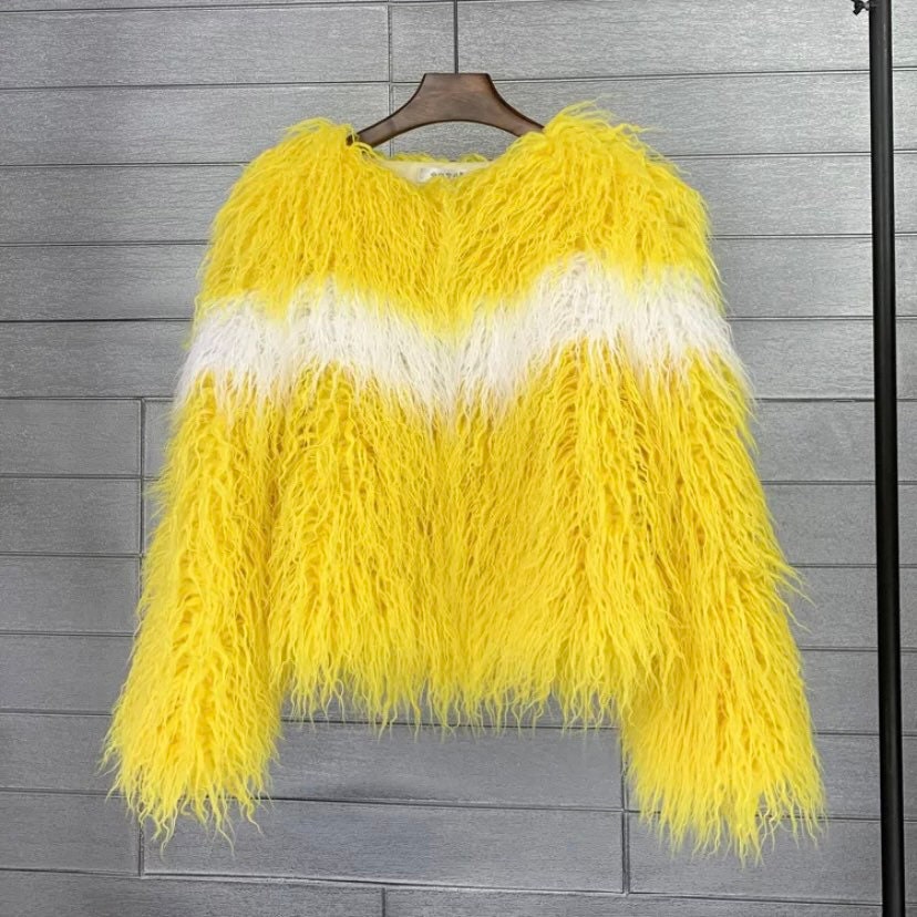 Bold and plush Mongolian faux fur jacket with shaggy stripes