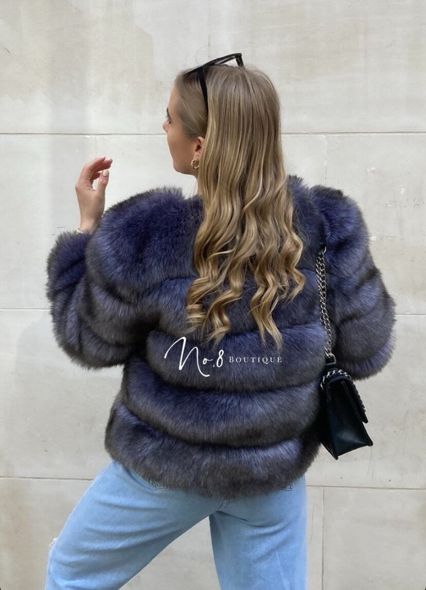 Casual blue grey faux fur jacket with five layered rows